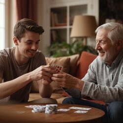 uomo giovane che gioca a carte in casa con un anziano uomo giovane che gioca a carte in casa con un anziano